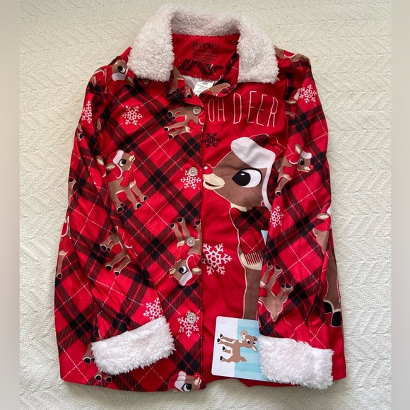 Rudolph Girl's Plaid 'Oh Deer' Button Down Flannel Christmas Pajama Set - Picture 4 of 10
